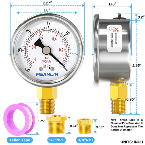 MEANLIN stainless steel vacuum gauge, 2 inch dial, 1/4 NPT inlet, with 1/2 and 3/8 NPT bushings and pink Teflon tape