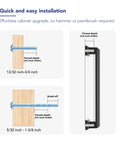 Diagram showing installation of Matte Black Cabinet Pulls 5 Inch 128mm Hole Centers Zinc Alloy Drawer Handles for kitchen cabinets.