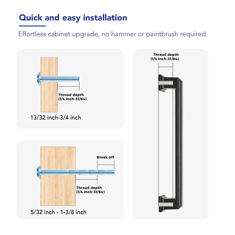 Quick installation guide for Insanely Sleek Matte Black Cabinet Pulls For Kitchen Drawers And Pantry Doors, showing screw depth measurements.