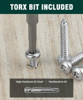 Dead Set Solid 304 Stainless Steel Security Screws In A Bulk Pack Of One Hundred Pieces With Tamper Proof Pin In Star Drive For Fence Deck Outdoor Work And Comes Fully Stacked With The Matching Driver Bit To Keep The Job Moving Smooth showing the Torx bit and screws.