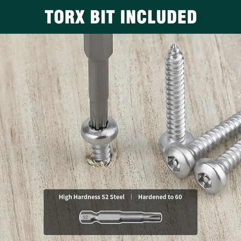 Dead Set Solid 304 Stainless Steel Security Screws In A Bulk Pack Of One Hundred Pieces With Tamper Proof Pin In Star Drive For Fence Deck Outdoor Work And Comes Fully Stacked With The Matching Driver Bit To Keep The Job Moving Smooth showing the Torx bit and screws.