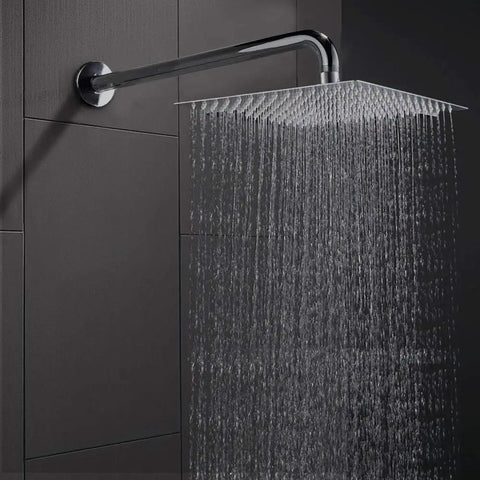 12 Inch Rain Shower Head With 15 Inch Extension Arm Chrome Finish, Big Square Rainfall Shower Head in use on dark tile wall