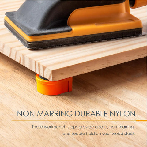 Non-marring durable nylon workbench stop securing wooden board for Heavy Duty Four Pack Bench Holdfast Clamps And Eight Pack Workbench Dogs For 3/4 Inch Holes Locks Dead Tight On Mft Work Tables With A Rock Solid Grip For Woodworking And Weekend Warrior Shops.