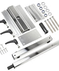 No Sweat Height Adjustable Table Legs Featuring 360 Degree Swiveling Aluminum Base, assorted parts and fittings laid out for assembly.