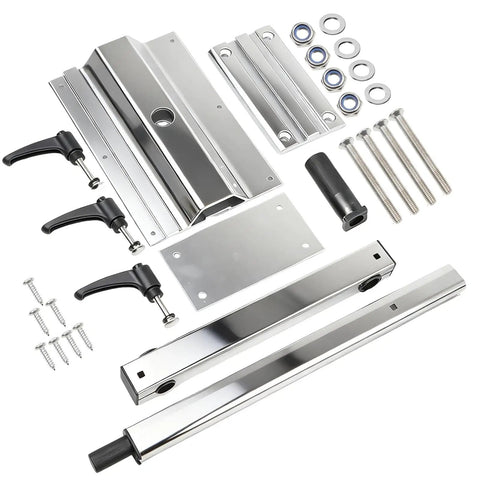 No Sweat Height Adjustable Table Legs Featuring 360 Degree Swiveling Aluminum Base, assorted parts and fittings laid out for assembly.