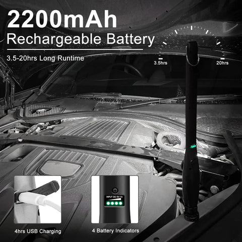 Bright As Heck LED Work Light 600LM Rechargeable COB With 2200mAh Battery placed under car hood for inspection