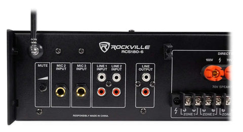 Back panel of Six Zone 180W 70V Commercial Amplifier With Bluetooth USB SD RCA Multisource Inputs Mic And Optical Inputs FM Radio