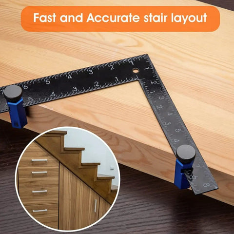 Precision Stair Gauge Knob And Framing Square Jig With Dead On Angle Cutting Guide For Pro Carpenter Marking an aluminum square on wood.