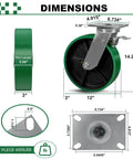 Built Tough 12X3 Inch Heavy Duty Casters Pack Of 4 With Two Brakes And Two Swivels dimensions showing 12 inch green polyurethane wheel and metal plate.