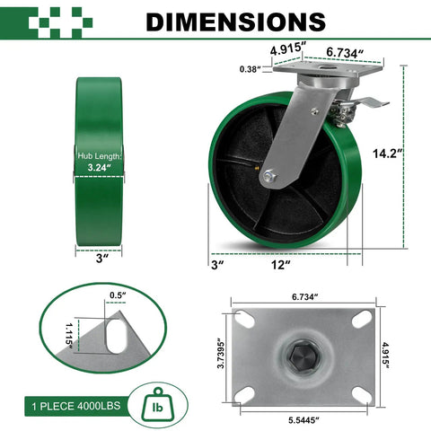 Built Tough 12X3 Inch Heavy Duty Casters Pack Of 4 With Two Brakes And Two Swivels dimensions showing 12 inch green polyurethane wheel and metal plate.