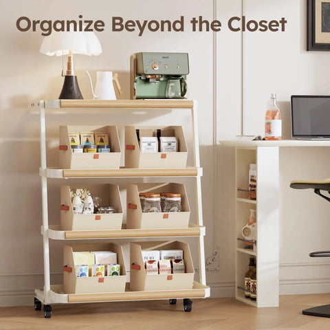 Fabric Closet Storage Cubes 8 Pack with Dual Handles Square Storage Bins for Clothes Towels Toys displayed on shelves