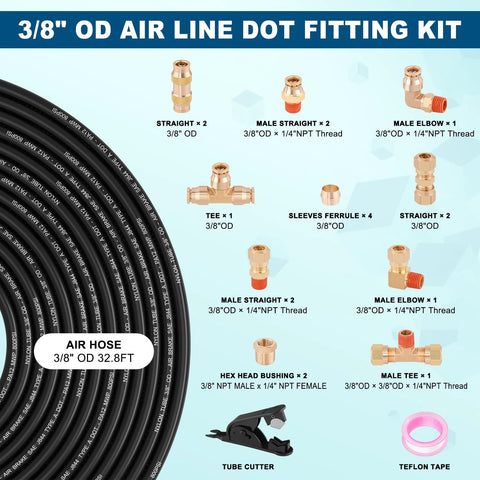 Boeray 21pc 32.8ft 3/8 in brass DOT air line fittings kit with push-to-connect fittings and PA12 nylon tubing