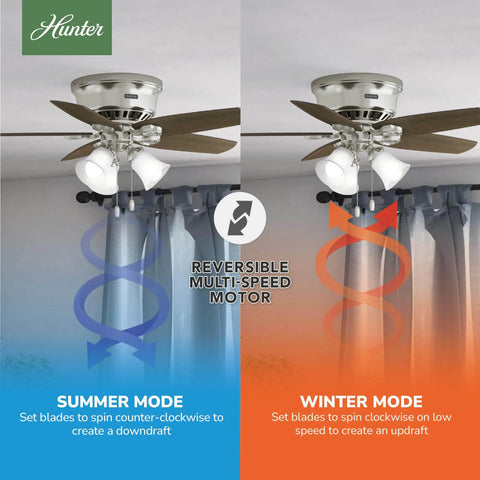 42 Inch Indoor Ceiling Fan With LED Lights, Low Profile Flush Mount, brushed nickel, showing summer and winter modes, no remote
