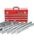 Heavy Duty Chrome Socket Wrench Set With 1/4 3/8 And 1/2 Inch Drive Metric And Sae Sizes 205 Piece Grease Monkey Garage Tool Kit on red toolbox.