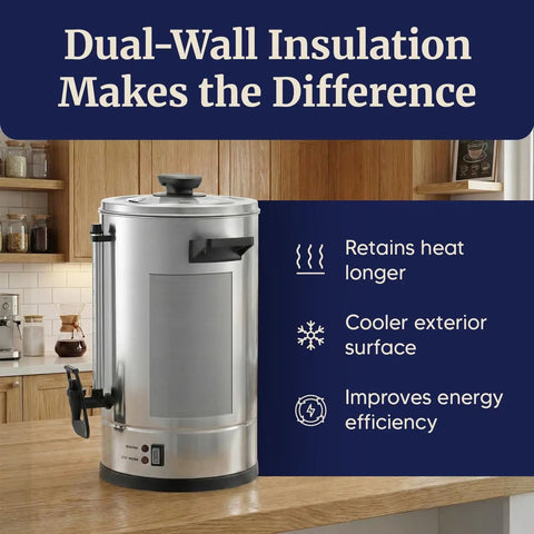 100 Cup Commercial Coffee Urn And Hot Water Boiler With Dual Wall Insulation Keeps Coffee Hot For 24 Hours on kitchen counter