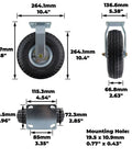 Heavy Duty 10 Inch Pneumatic Caster Wheel Air Filled Tire with metal bracket and dimensions on a white background.