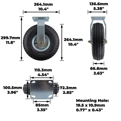 Heavy Duty 10 Inch Pneumatic Caster Wheel Air Filled Tire with metal bracket and dimensions on a white background.