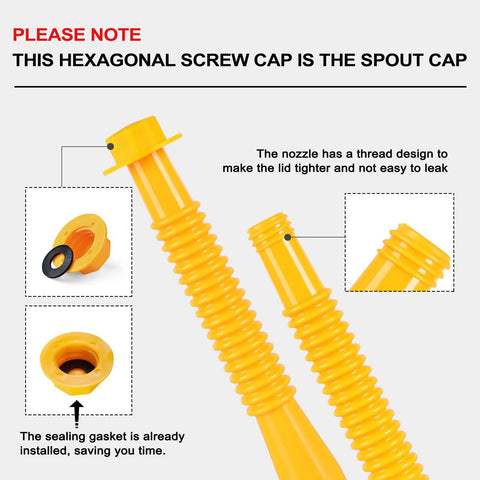 Hexagonal screw cap and spout in yellow HDPE from Spout Replacement Kit For Gas Cans 1/2, 5, 10 Gallon Easy Pour Nozzle Fits Most Cans