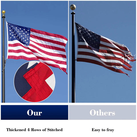 Comparison showing Outdoor 3x5 US Flag Built Tough For Windy Weather Anti Tear Heavy Duty Polyester Waterproof vs torn flag