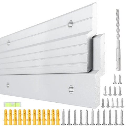 Close-up of 30 Inch Aluminum Z Clip Hanger Set with screws, drill bit, and level, heavy duty mirror mounting hardware for mirrors, cabinets, frames.
