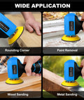 Close-up of Compact Cordless Palm Sander With 16.8V Battery And 3 Inch Pad for wood sanding and paint removal.