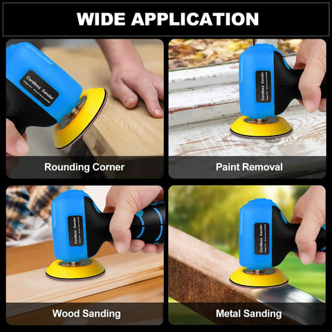 Close-up of Compact Cordless Palm Sander With 16.8V Battery And 3 Inch Pad for wood sanding and paint removal.