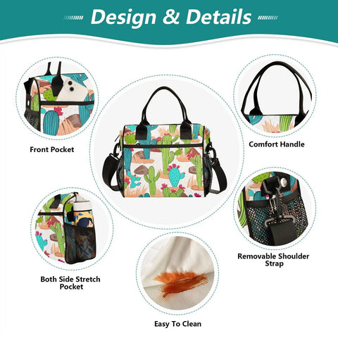 Design details of Cactus Desert White Insulated Lunch Bag For Women And Men, Reusable Cooler Lunch Box, Thermal Tote