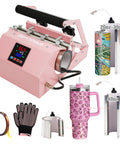 3-In-1 Tumbler Heat Press Machine For 16 Oz To 40 Oz Tumblers And 11 Oz To 15 Oz Mugs, pink with attachments and LCD display.