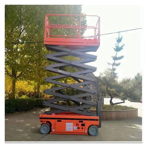 Killer Electric Scissor Lift Heavy Duty Mobile Scaffold Hydraulic Aerial Work Platform Built like a Tank with Overload Protection for Gritty Job Sites Smooth Operator Design with raised platform outdoors.