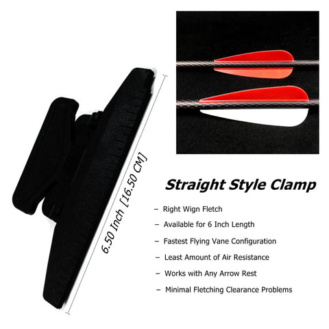 Fletching Jig With Straight Helix Clamps Adjustable Fletch Tool Feather Stick Kit For DIY Arrow And Bolt Repair Precision Clamp Scale Lets You Do Three Or Four Fletch Applications ProGrade Black Archery Gear For Quick Field Fixes detailing straight style clamp and red fletch arrow.