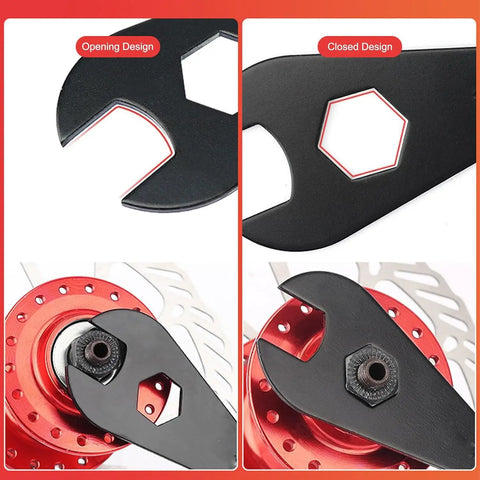 Close-up of Low Profile Bicycle Spanner Set 2mm Thick For 13mm To 19mm Cone Wrenches showing open and closed designs on hub axle nut.