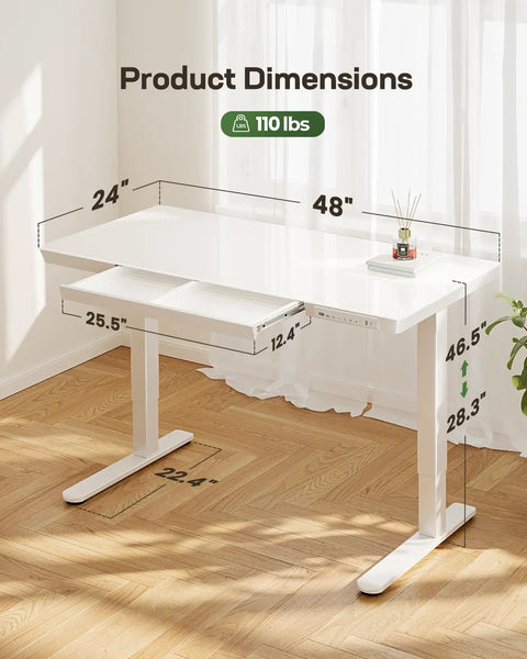 Glass Standing Desk With Drawer, 48 By 24 Inch Electric Height Adjustable Sit Stand Desk With One Piece Tabletop And USB Ports