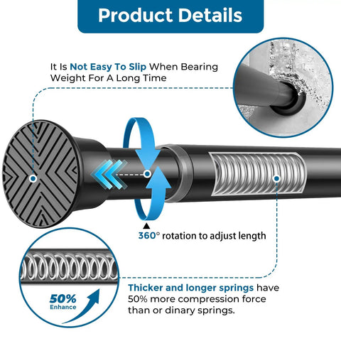 Close-up of Adjustable Black Tension Curtain Rod 24 To 46 Inches No Drilling Easy Install Stainless Steel Spring Rod components