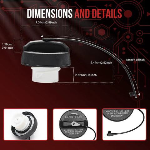 Image showing dimensions of Gas Cap With Two Tether Ropes For Jeep Dodge Chrysler Ram Fiat Plymouth Mitsubishi Wrangler JK TJ Cherokee Ram 1500 2500 3500 Charger Challenger Dart Durango Journey Town And Country Aspen Sebring.
