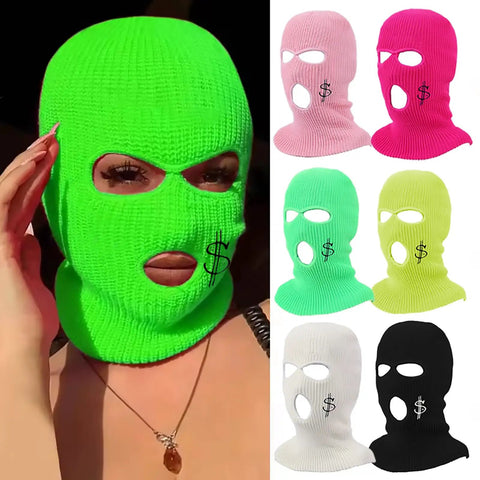Three Hole Knit Balaclava Ski Mask For Winter, variety of colors with embroidery, cozy windproof design, ideal for outdoor sports