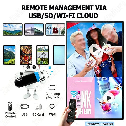 Multi Size 4K Digital Signage Display With Anti Glare Tempered Glass Wall Mount For Commercial Advertising, showcasing remote management features.