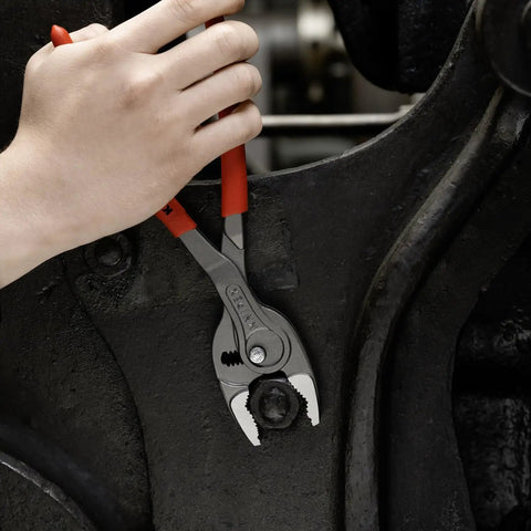 10 Inch Pliers With Front And Side Grips For Stripped Screws And Bolts, held by a hand gripping a bolt, heavy duty use