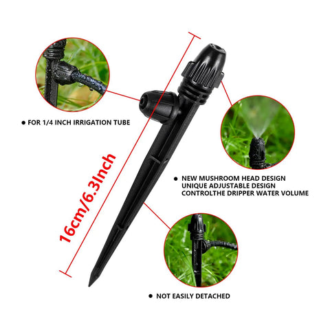 Close-up of a 16cm drip emitter for 1/4 inch tubing with 360-degree adjustable atomizing nozzle, part of two dozen pcs drip irrigation misting emitters