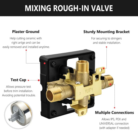 Heavy Duty Solid Brass Shower Valve Kit Built Tough, Straight Shooter Fit For Delta R10000 Unws, showing mixing rough-in valve with test cap.