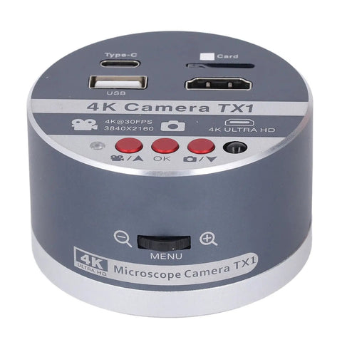 4K Compact Microscope Camera With 8X Magnification, CS Lens Mount, HD Video Output, And Button Or Remote Control For Quick, Easy Lab Work, Classroom And Field Microscopy Imaging - top view showing ports and buttons.