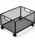 Smooth Rolling Storage Cart With Heavy Duty Iron Construction And Open Shelves, Black mesh cart with wheels for versatile storage.