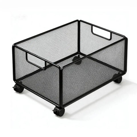 Smooth Rolling Storage Cart With Heavy Duty Iron Construction And Open Shelves, Black mesh cart with wheels for versatile storage.