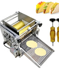 Heavy Duty Commercial Tortilla Press Machine Stainless Steel Electric for Tacos Roti Chapatti Sopes with flatbreads in process.