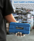 Person holding blue storage case for Torx Bit Socket Set 13 Piece T8 To T70 CRV Star Sockets Pro Grade For One Quarter Inch Three Eighths Inch And One Half Inch Drives With Handy Storage Case For Cars Trucks Appliances Lawn Equipment Machinery And More, dimensions 8.5 x 4.5 x 1.5 inches