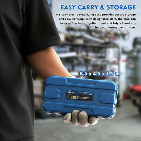 Person holding blue storage case for Torx Bit Socket Set 13 Piece T8 To T70 CRV Star Sockets Pro Grade For One Quarter Inch Three Eighths Inch And One Half Inch Drives With Handy Storage Case For Cars Trucks Appliances Lawn Equipment Machinery And More, dimensions 8.5 x 4.5 x 1.5 inches