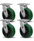 Heavy Hitter Industrial Casters Set Of 4 With Smooth Operator Polyurethane Tread Non Marking Cast Iron Core 5200 Lbs Max Load Rating in green.