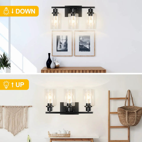 Three Light Matte Black Vanity Fixture for Bathroom Over Mirror and Hallway Wall Lights with modern industrial vibe, dual mounting view.