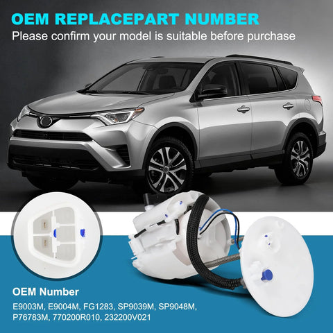 Electric Fuel Pump Module Assembly For Toyota RAV4 2009 Through 2018 2.5L L4 Direct Replacement shown with vehicle and parts