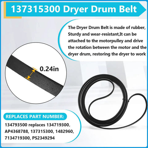 137315300 dryer drum belt from Electrolux Dryer Repair Kit with dimensions and part numbers shown for easy installation.
