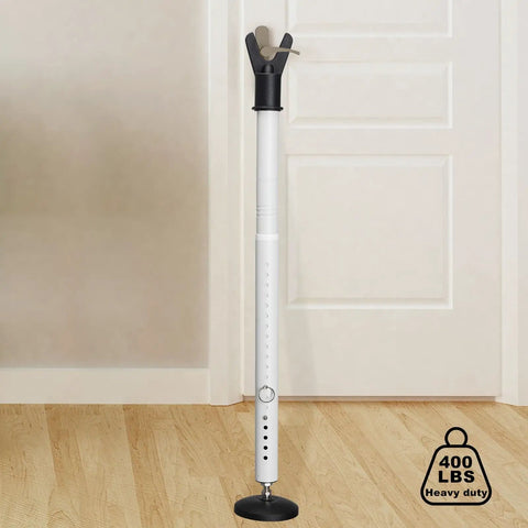 Heavy Duty Door Security Bar 1.25 Inch Diameter With Large Rubber Base Adjustable Y Head Durable Door Stopper For Apartment Home Hotel Travel And Screen Doors White 1 Pack installed view